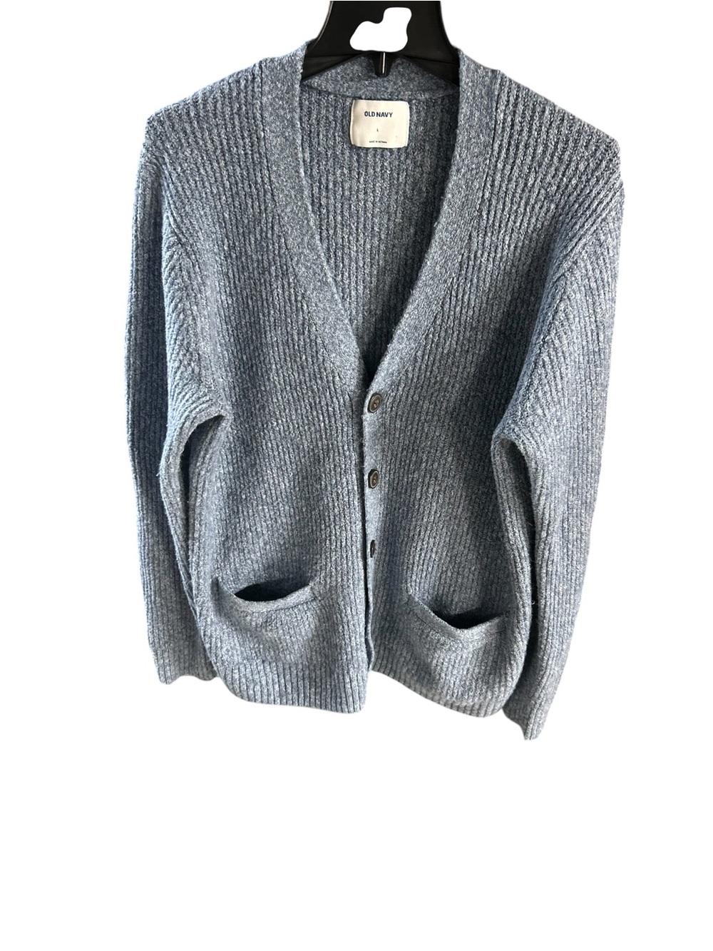 Old Navy Heathered Light Blue Ribbed Button Sweater With Pockets.